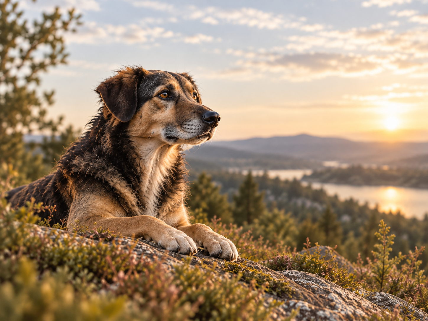 Aufmerksamer Hund im warmen Abendlicht
